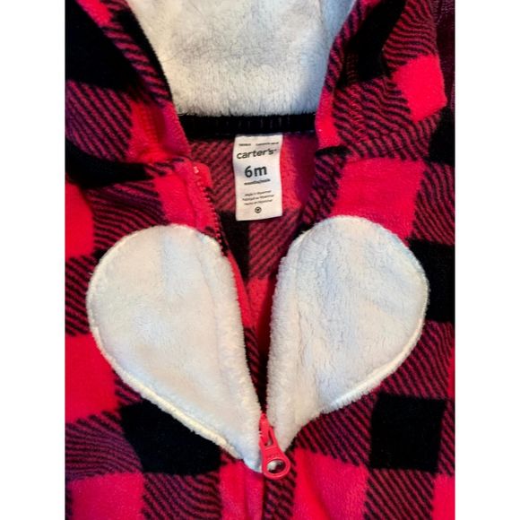 Carter's 6 months girls fleece zip bodysuit hooded pink gingham, heart SOFT WARM - Picture 3 of 5